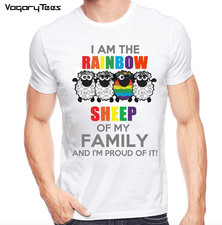 T-Shirt Manche Courte Blanc Je suis le mouton arc-en-ciel de ma famille et j'en suis fier
