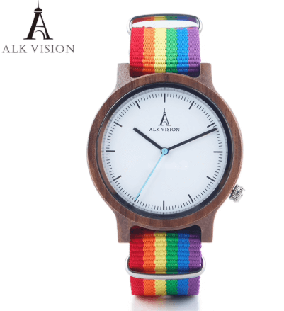 Belle montre-bracelet en bois avec bracelet arc-en-ciel