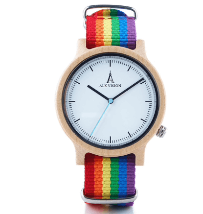 Belle montre-bracelet en bois avec bracelet arc-en-ciel