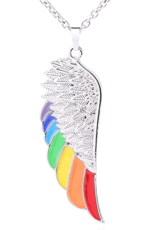 Collier avec pendentif aile et plumes lumineuses aux couleurs de l'arc-en-ciel