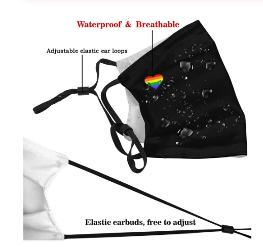 Masque buccal noir avec coeur arc-en-ciel avec tampon filtrant rectangulaire