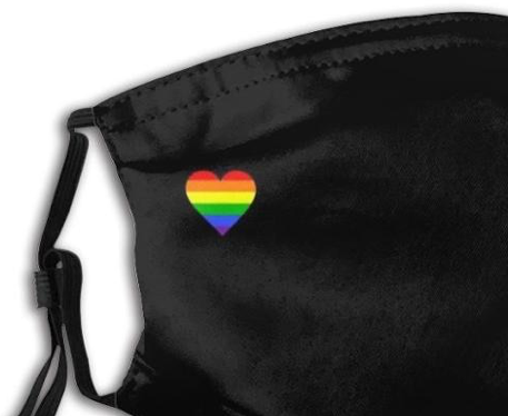 Masque buccal noir avec coeur arc-en-ciel avec tampon filtrant rectangulaire