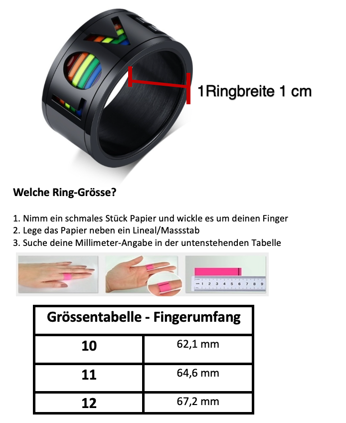 Superbe bague noire avec l'inscription Love sur fond de couleurs arc-en-ciel