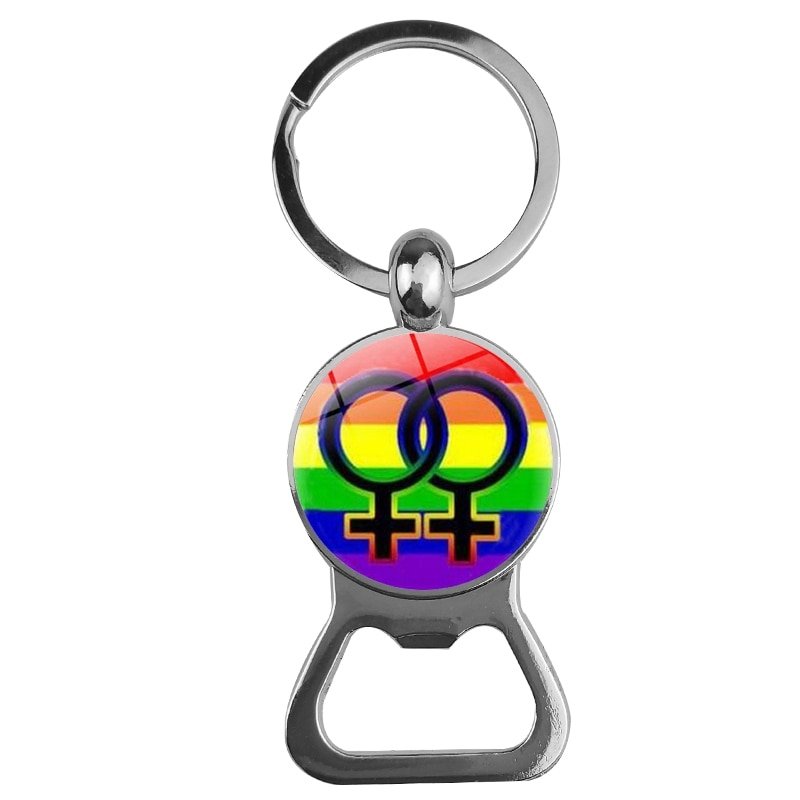 Bottle opener with female gender symbol and rainbow background