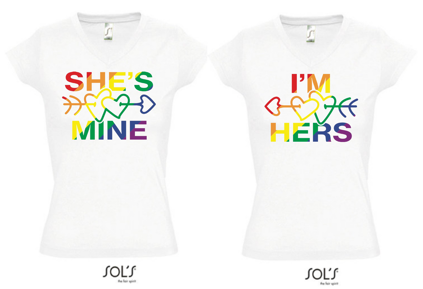 T-Shirt Kurzarm V-Neck in Weiss - She's Mine - I'm Hers