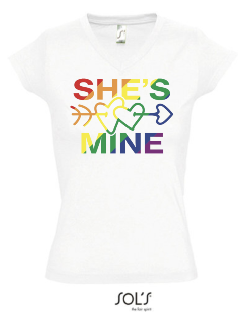 T-Shirt Kurzarm V-Neck in Weiss - She's Mine - I'm Hers