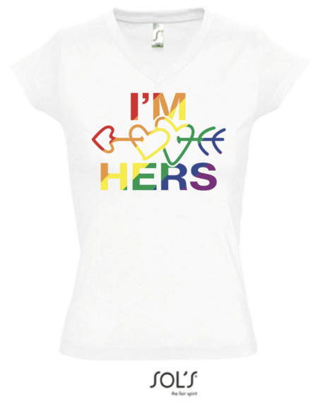 T-Shirt Kurzarm V-Neck in Weiss - She's Mine - I'm Hers