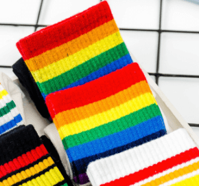 White Black Socks With Wide Rainbow Stripes