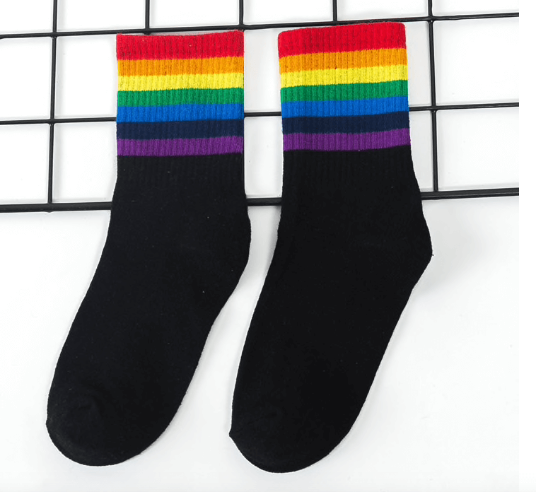 White Black Socks With Wide Rainbow Stripes