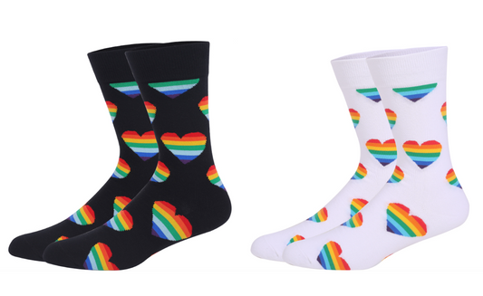 Socks in black or white with rainbow hearts