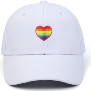 White baseball cap with embroidered rainbow heart