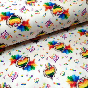 Cotton fabric in white with rainbow hearts